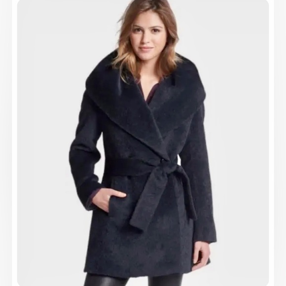 TRINA TURK Amelia Wrap Coat Shawl Hooded Wool Alpaca Blend Pea Coat In Navy Blue - Picture 3 of 17